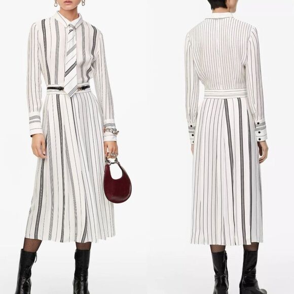 NWT Zara White Black Limited Edition Long Sleeve Stripe Necktie Midi Dress Small - Picture 1 of 11